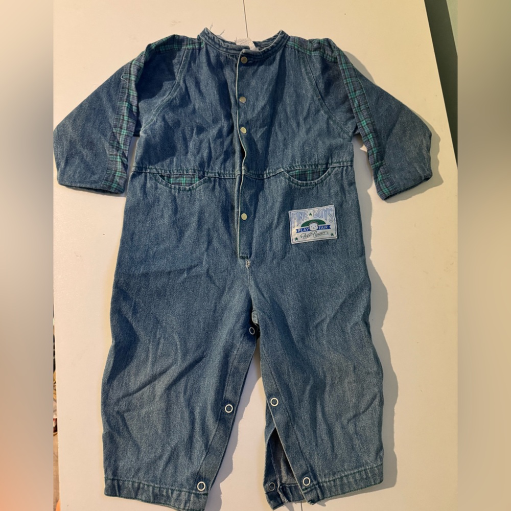 Vintage Baby Boys Denim Coveralls with Plaid Detailing Size 24 Months